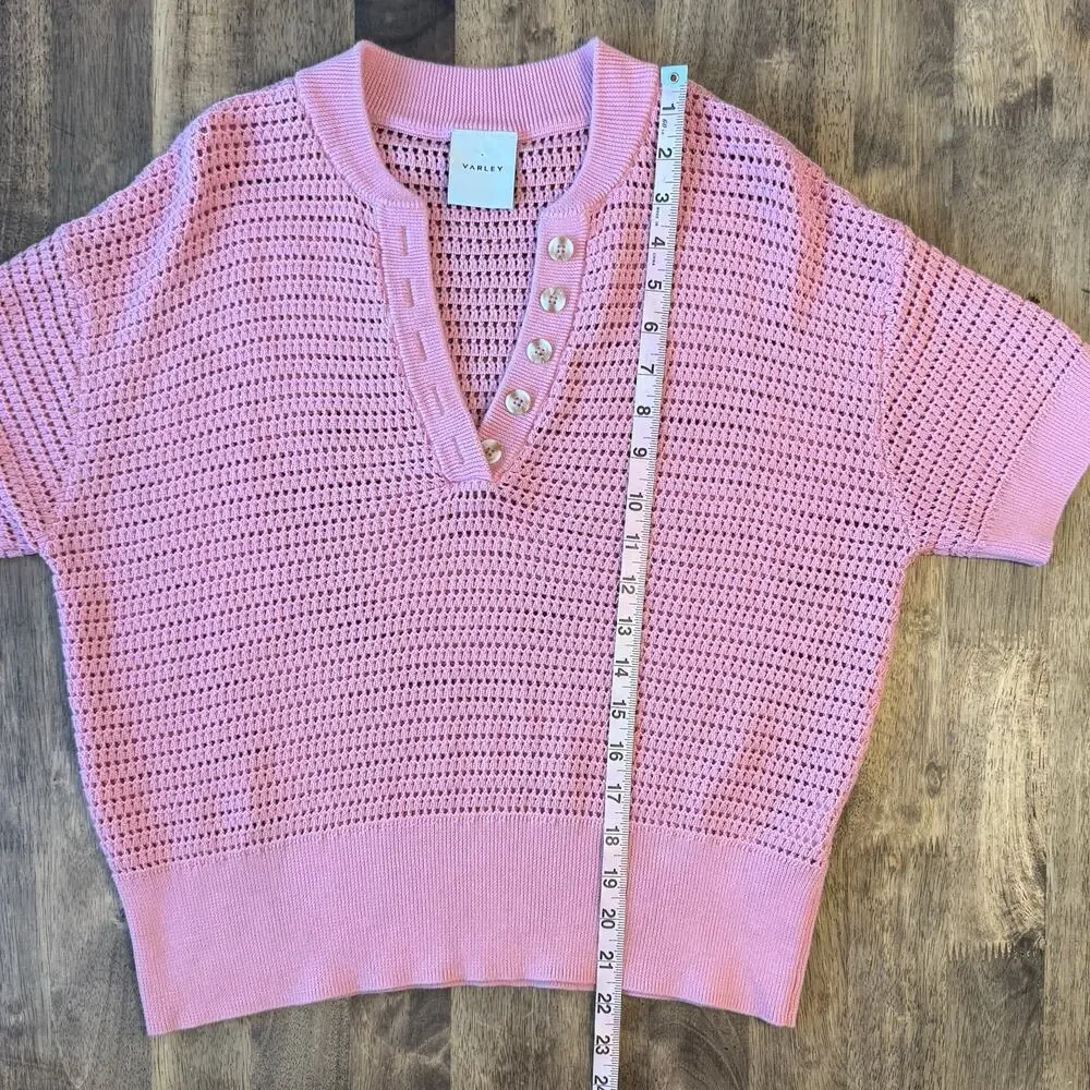 Varley Callie Open-Knit Cotton Top Short Sleeve Button Summer Pink Women’s Small - Picture 6 of 10